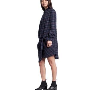 Thakoon Addiction Flannel Side Tie Dress Blue Plaid SZ 12 Quiet Luxury Designer
